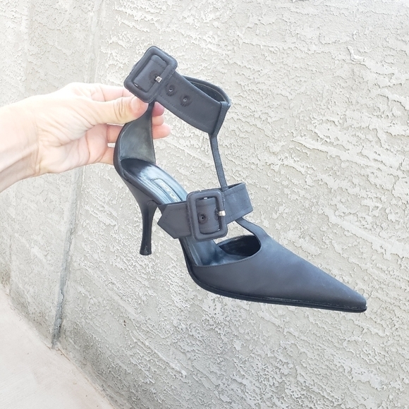 SERGIO ROSSI Black Fabric Double Buckle‎ Ankle STRAP Sandals Heels - Picture 9 of 13